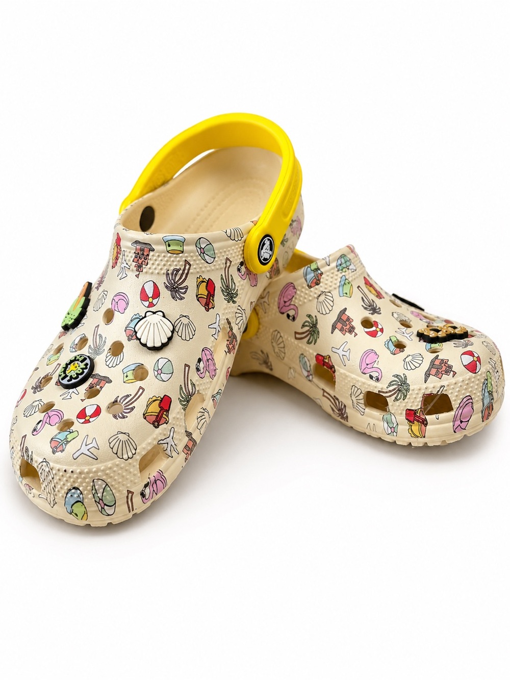 New Crocs Classic Clog J5 Spring Break Pool Party Beach Print Kids Shoes Yellow